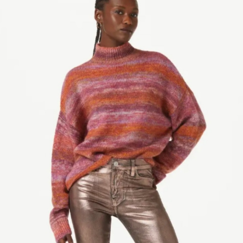 Hudson JeansOrange and Pink Space Dye Striped Mock Neck Sweater Size S